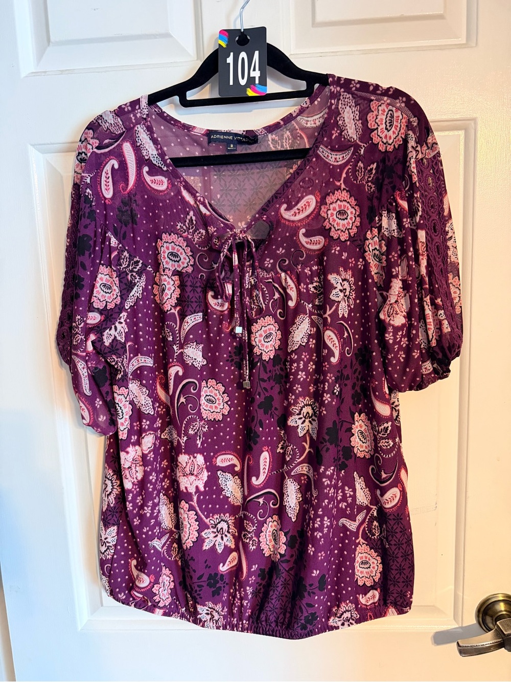 Adrienne Vittadini Purple Paisley Tie-Neck Peasant Blouse